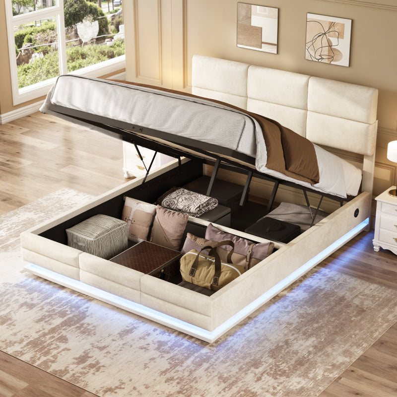 140 x 200cm Bettgestell aus weichem Samt mit USB Type C Ladefunktion und LED Beleuchtung, Hydrauliksystem Stauraum Bettgestell aus Samtmaterial Jugendbett mit Lattenrost, Beige