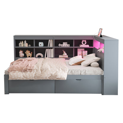 Massivholz-Einzelbett 90x200 Weiß mit LED & USB-Steckdose - Multifunktionales Schlafsofa mit Regalen, Ablagefächern & viel Stauraum, Grau