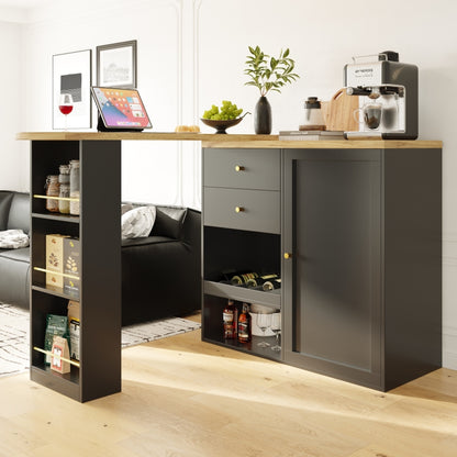 Um 360° drehbarer Bartisch (Hauptkörper 105 x 39 x 102 cm), mit 2 Schubladen und Schiebetürschrank, 3 Ebenen offener Stauraum, geeignet für Esszimmer/Arbeitszimmer/Wohnzimmer usw