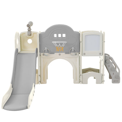 10 in 1 Kinderrutsche Kletterspielzeug, Multifunktionsrutsche Rutschen, freistehende Rutsche, Klettern, Bohrspiel, Stauraum, Spielkorridor, Basketballkorb, Lasso-Spiel, Reißbrett, Golfspiel, Teleskop.