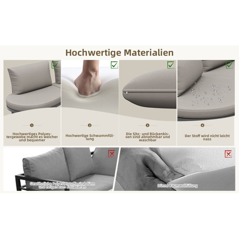 Gartenmöbel-Set (10 Sitzplätze), 4 Couchtische aus gehärtetem Glas, verzinkter Eisenrahmen, bequeme Gartenmöbel mit grauen Sitzpolstern und Kissen, verstellbare Beine, elegantes rundes Sofa