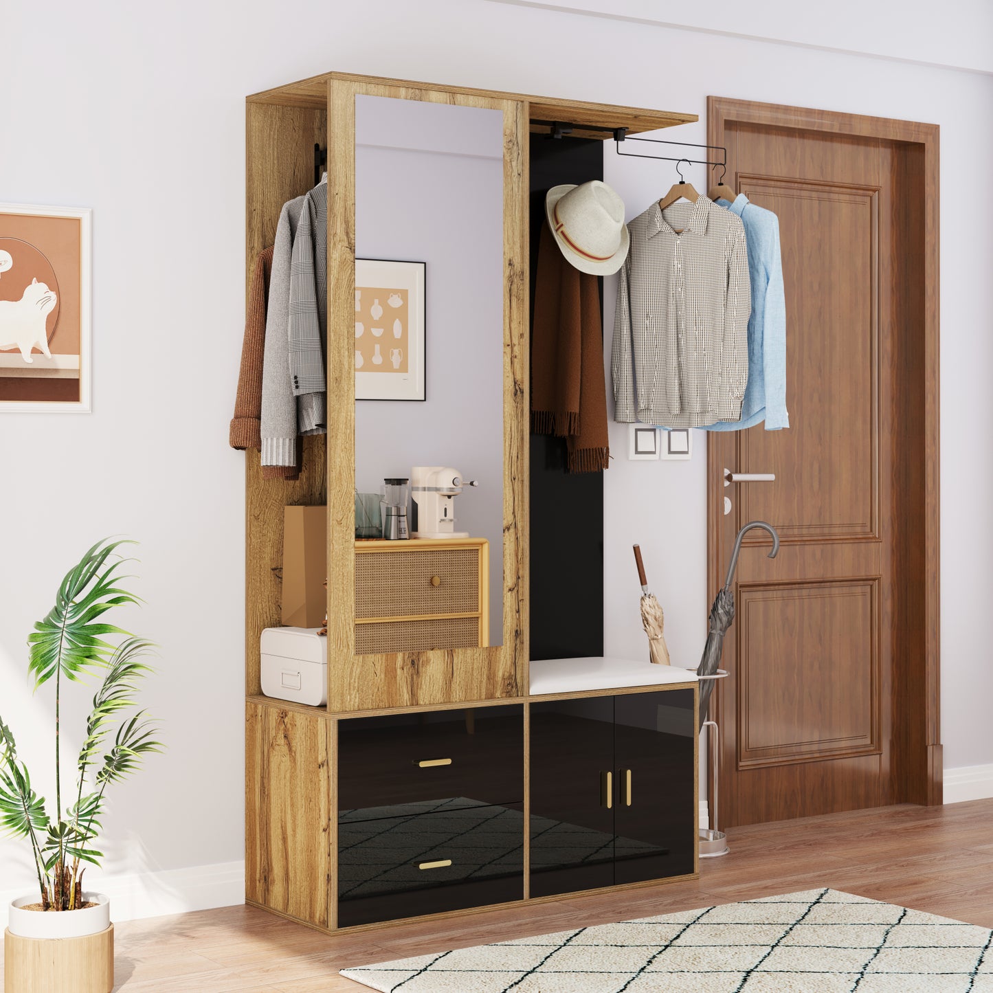 Elegantes Kleiderschrank Set in Schwarz und Holzfarbe mit Spiegel, Schuhschrank, Schuhbank mit Haken und ausziehbaren Kleiderbügeln.