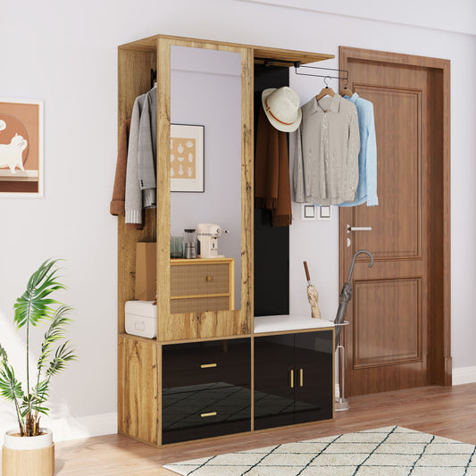 Elegantes Kleiderschrank Set in Schwarz und Holzfarbe mit Spiegel, Schuhschrank, Schuhbank mit Haken und ausziehbaren Kleiderbügeln.