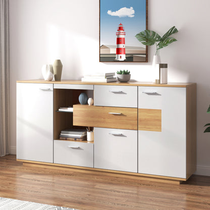Modernes Sideboard-Schrank mit viel Stauraum, mit LED-Beleuchtung, 160x40x77cm, 2 Türen, 4 Schubladen, Glasablage, Holzoptik, Weiß,Wohnzimmermöbel, Organizer, Kommode, Mehrzweckschrank.
