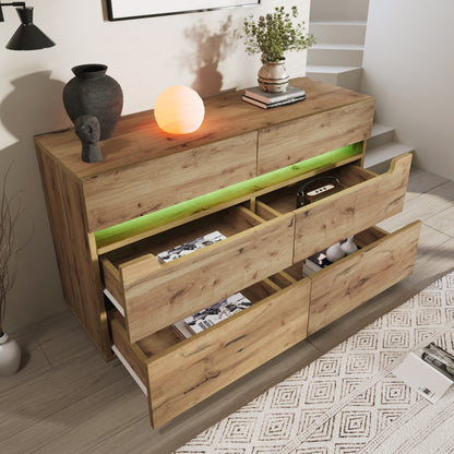 Kommode, Sideboard Holz mit 6 Schubladen, LED Beleuchtung (App Control), Mehrzweckschrank für Wohnzimmer und Schlafzimmer, 71 x 120 x 40 cm, Eiche