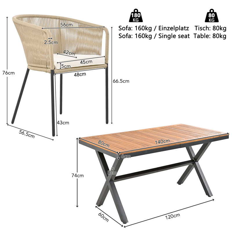 Garten-Essgruppe, 7-tlg, Garten-Lounge-Set aus Seil, 6 Sessel und 1 Tisch, Tisch aus Akazienholz, Mit Fußpolstern und sechs Sitzkissen, abnehmbar und waschbar