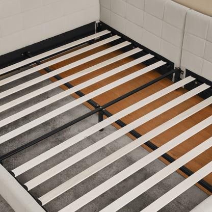 Doppelbett 140x200 cm, weiches hautfreundliches Samt, L-förmiges Eck Bettgestell, robuste Eukalyptus- und Eisenlatten, Beige (ohne Matratze)