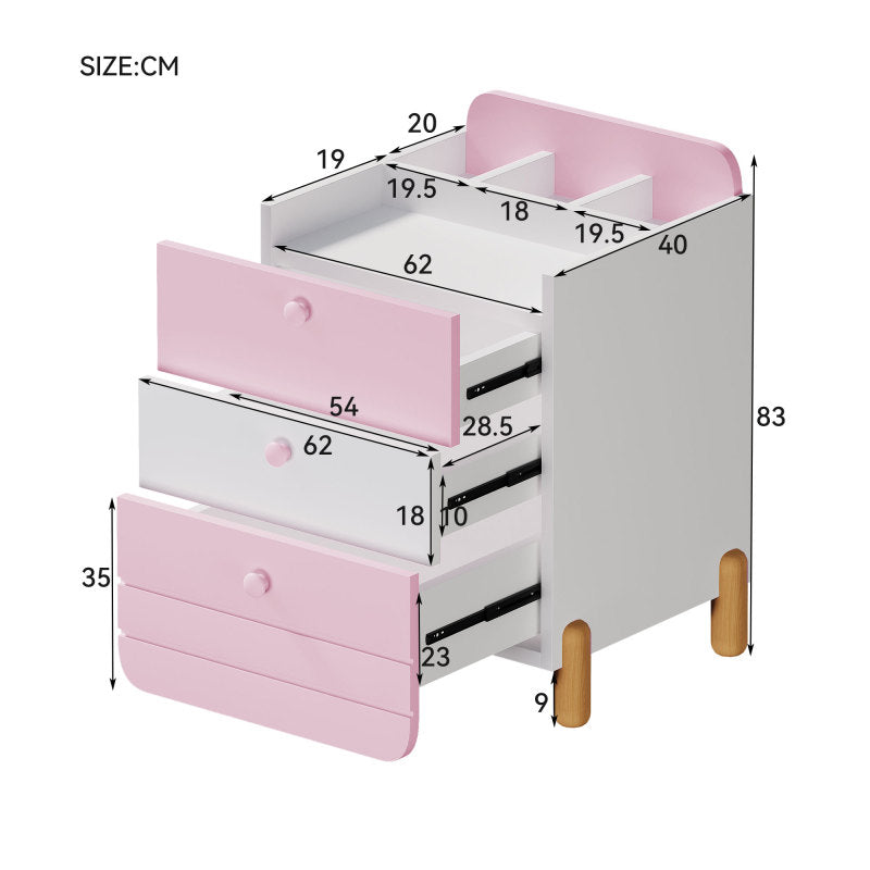 Nachttisch mit 3 Schubladen mit Einlegeböden, Geräuschloses Schubladendesign, Exquisite Holzfarbene Füße, Stauraum im Wohn- und Schlafzimmer, Einzigartige Form und Minimalistisches Design, Rosa