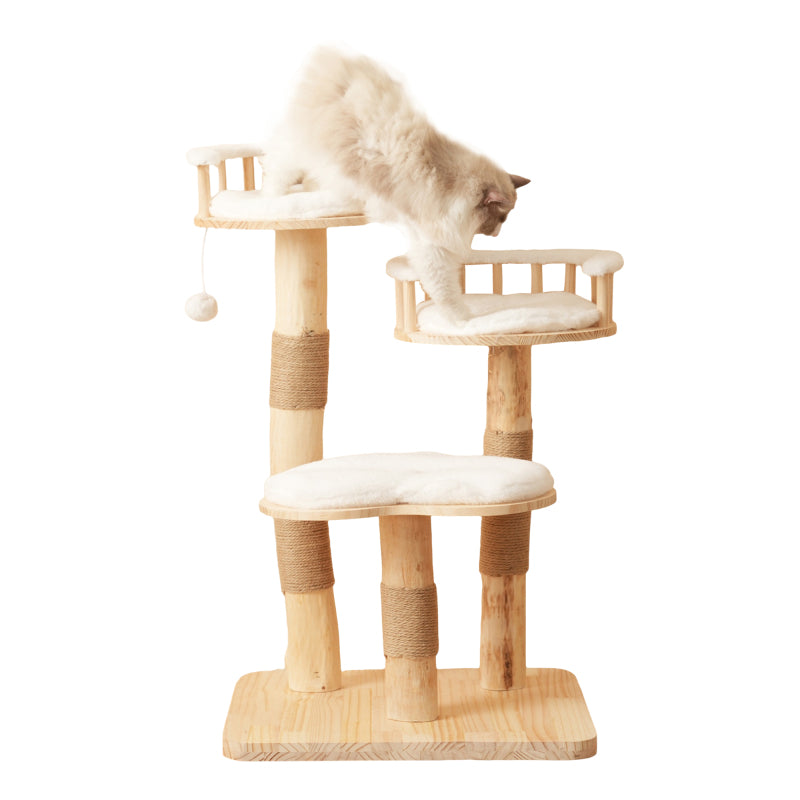 Designer Katzenklettergerüst aus Massivholz - 98 cm hoch, 3-stufiges Sprungbrett, abnehmbare Kissen und Spielbälle, Wolkenoptik-Imitation - Natürlich, umweltfreundlich, nachhaltige Nutzung, Katzenklet