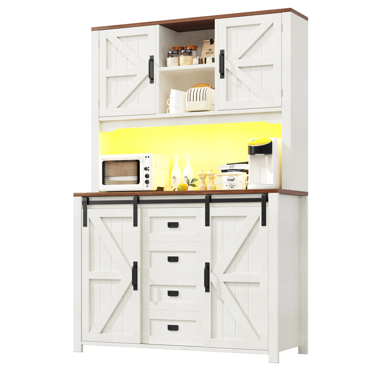 Küchenschrank 115x40x175cm hohes Sideboard Weiß mit App-LED-Beleuchtung, X-Design Schiebetüren, 2 Schubladen & Magnetklappen, Küchenbuffet