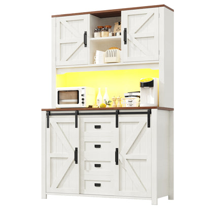 Küchenschrank 115x40x175cm hohes Sideboard Weiß mit App-LED-Beleuchtung, X-Design Schiebetüren, 2 Schubladen & Magnetklappen, Küchenbuffet