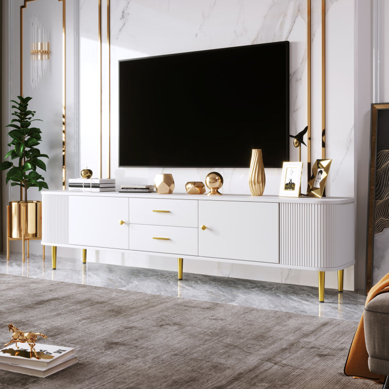 TV-Schrank mit Schubladen, geschwungenen Ecken, Wohnzimmer-TV-Schrank mit gewellten Seiten, goldenen Griffen und Beinen