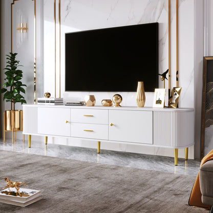 TV-Schrank mit Schubladen, geschwungenen Ecken, Wohnzimmer-TV-Schrank mit gewellten Seiten, goldenen Griffen und Beinen