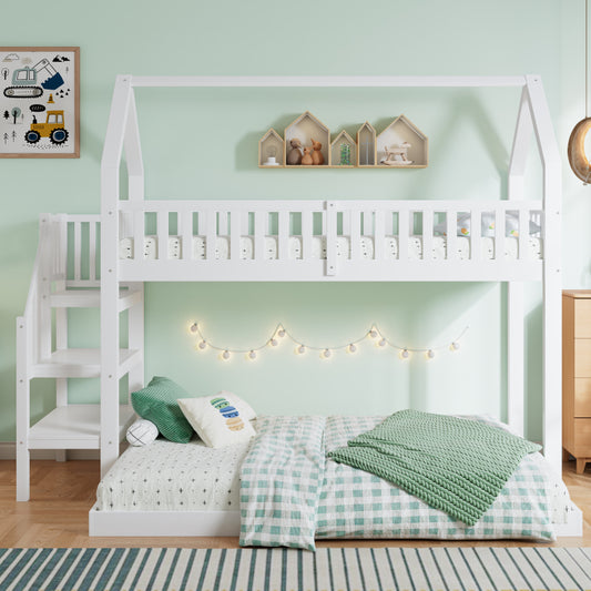 [29994142WAA]Etagenbett, Hausbett mit Treppe, Kinderbett mit Fallschutz und Gitter, Rahmen aus Kiefer, weiß (90x200&140*190cm)