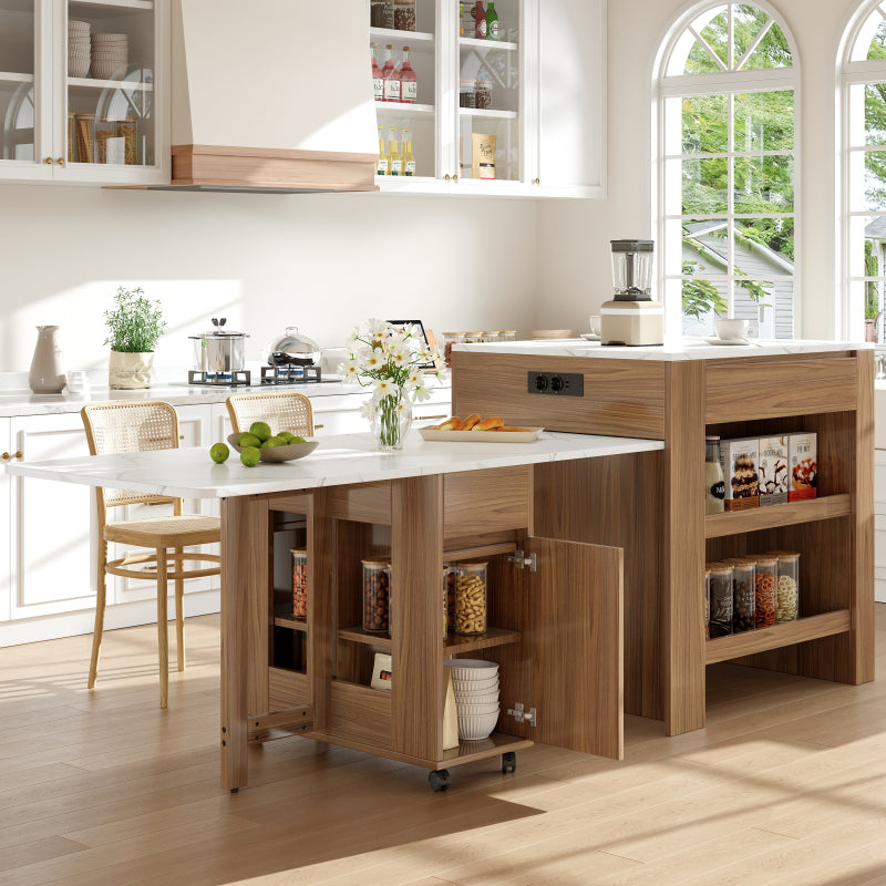 Ausziehbarer Bartisch mit Stauraum(110-124×78×97.5cm), für 2-6 Personen, Kücheninseln mit 2 Schubladen, 2 seitliche offene Regale und eingebaute Steckdose,Tischplatte aus weiß marmoriertem MDF,Braun