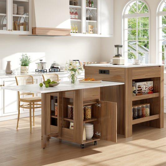 Ausziehbarer Bartisch mit Stauraum(110-124×78×97.5cm), für 2-6 Personen, Kücheninseln mit 2 Schubladen, 2 seitliche offene Regale und eingebaute Steckdose,Tischplatte aus weiß marmoriertem MDF,Braun