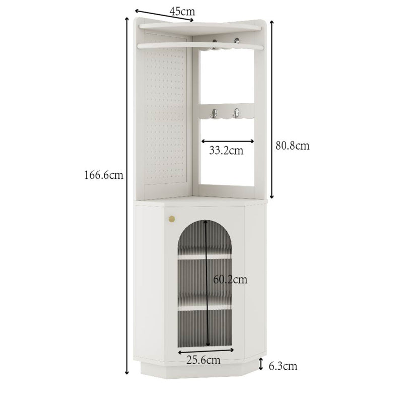 Badschrank mit Lichtleiste, Badmöbel, Eckschrank mit Staufach, offenes Fach mit Haken, mit verstellbaren Einlegeböden, 45 x 45 x 166,6 cm, weiß