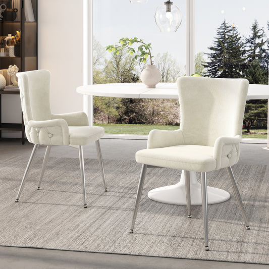 Samt-Esszimmerstuhl, 2er-Set, luxuriöser Wohnzimmer-Schlafzimmer-Loungesessel mit vier silberfarbenen Metallstützbeinen, Beige[OLD SKU:N634P184684B]