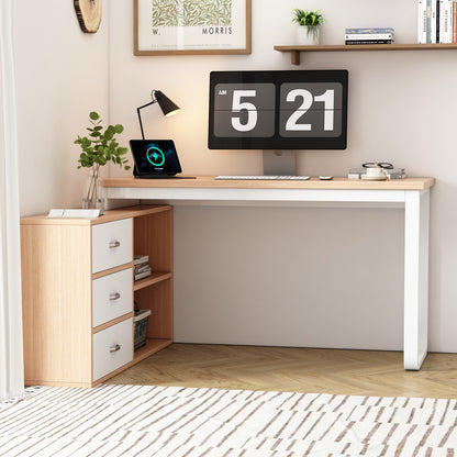 Schlichter Schreibtisch, Büro Schreibtisch, drei Schubladen, zwei offene Ablagefächer, stabile Tragfähigkeit, natur
