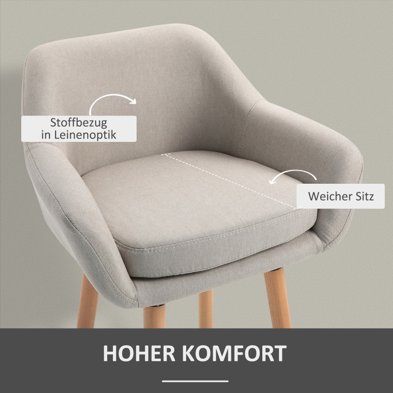 Barhocker 2er-Set bequeme Küchenhocker aus Leinen mit Sitzkissen und Fußstützen, Bistrohocker mit Buchenholzbeinen in Beige