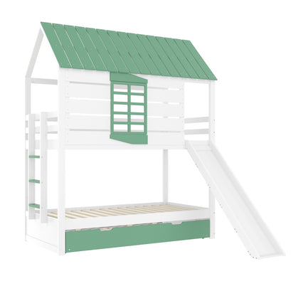 90X200 Haus-Etagenbett mit Rutsche und Ausziehbett, Weiß+Grün