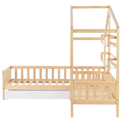 Kinderbett Hausbett mit Schubladen und Regalen, Massivholz mit Zaun und Lattenrost, L-Struktur, Natur (90x200 cm+140x70cm)