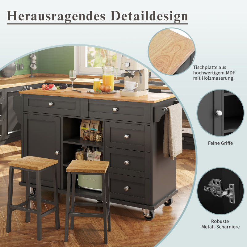 Speisewagen (134 x 46 x 92 cm), moderner und einfacher schwarzer Speisewagen, Schubladen-Aufbewahrungsschrank-Kombination, mobiles und festes Dual-Use-Design, geeignet für Heimküchen