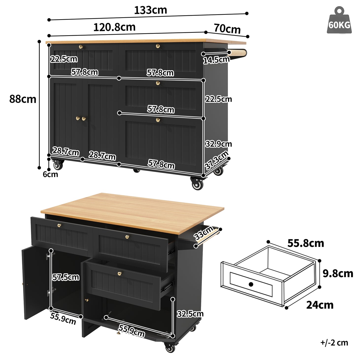 Moderne Kücheninsel Küchenschrank Buffetschrank Speisewagen mit Holzmaserung Multifunktionale Esstisch mit Speicherraum und Stretchfunktion Schwarz