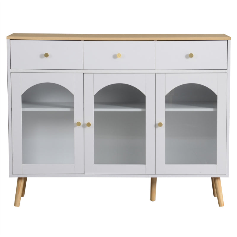 Sideboard mit 3 Schubladen und 3 gebogenen Türen mit breitem Schrank aus gehärtetem Glas für Buffettische in Küchen und Esszimmern, weiß und natur