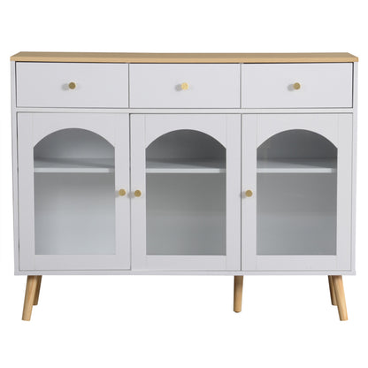 Sideboard mit 3 Schubladen und 3 gebogenen Türen mit breitem Schrank aus gehärtetem Glas für Buffettische in Küchen und Esszimmern, weiß und natur