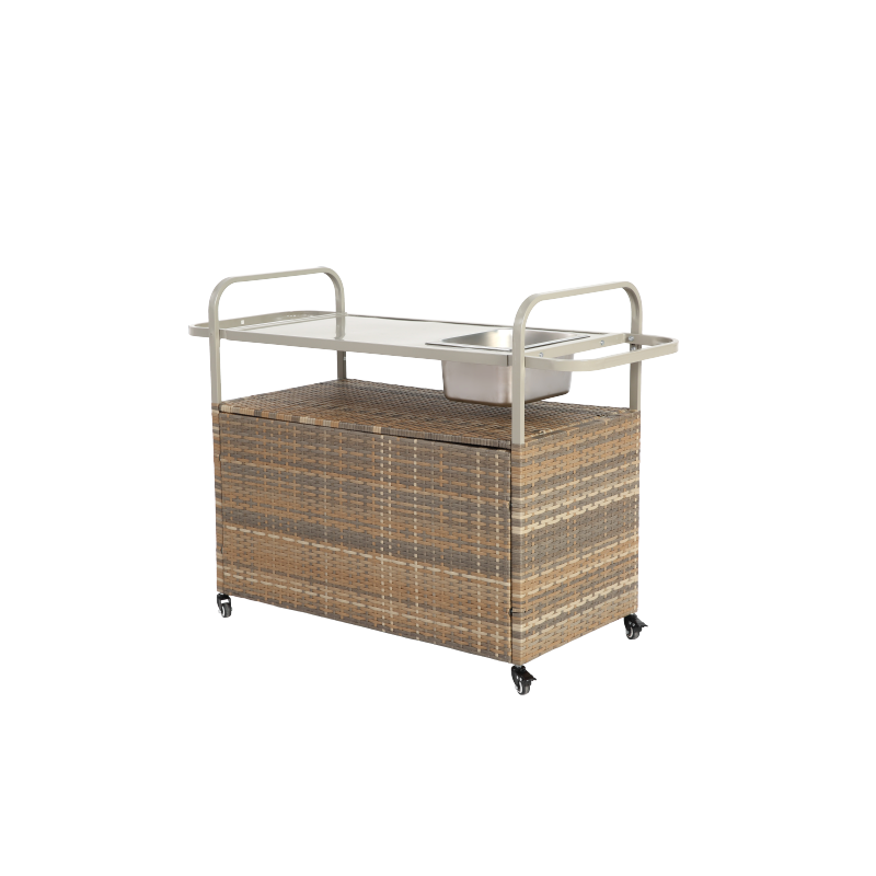 Outdoor Bar Table, Wicker Bar Cart with Cabinet, Patio Serving Cart with steel Top, with one ice bucket,Lockable Wheels, Side Basket for Garden, Poolside & Backyard, Beige