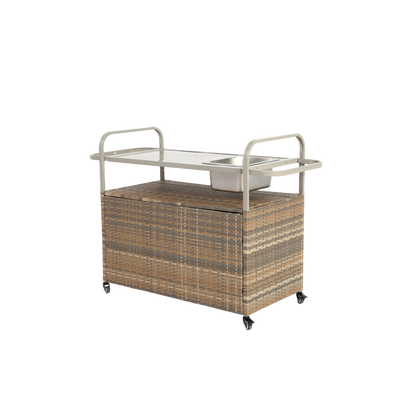 Outdoor Bar Table, Wicker Bar Cart with Cabinet, Patio Serving Cart with steel Top, with one ice bucket,Lockable Wheels, Side Basket for Garden, Poolside & Backyard, Beige