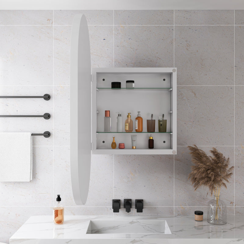 Stylish Oval Mirror Cabinet, Recessed Medicine Cabinet, Wall Cabinet with Metal Framed, Mirror and Adjustable Shelves, Mirror Cabinet with Storage for Bathroom, Living Room and Bedroom, White