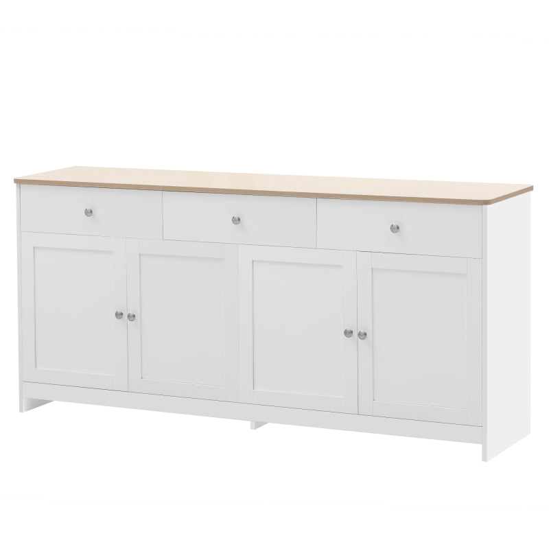 Sideboard mit weißer Holzmaserung, vier Türen, mit drei Schubladen, Wohnzimmer, Esszimmer. Holzfarbe und Weiß