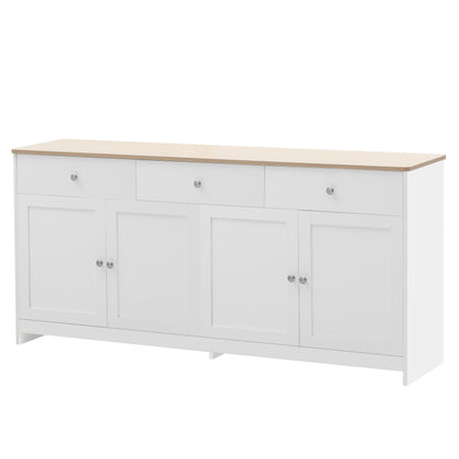 Sideboard mit weißer Holzmaserung, vier Türen, mit drei Schubladen, Wohnzimmer, Esszimmer. Holzfarbe und Weiß