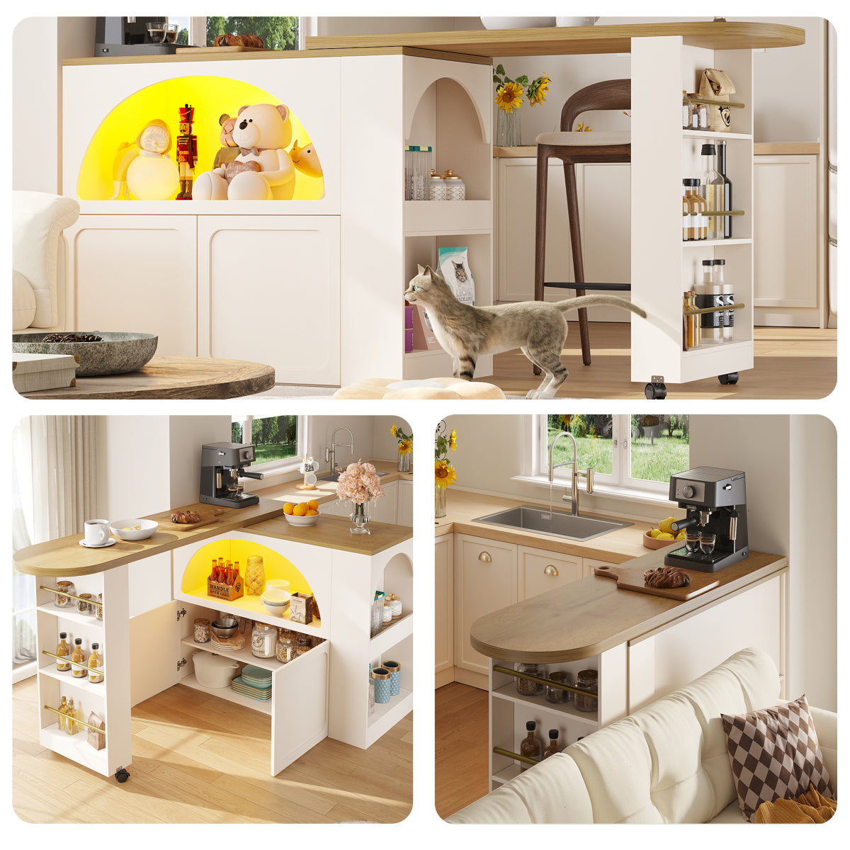 Ausziehbarer Bartisch 135-205cm mit LED & USB, Mobiler Hochtisch Weiß, Teleskop-Kücheninsel mit Stauraum & Soft-Close, Modernes Bogendesign