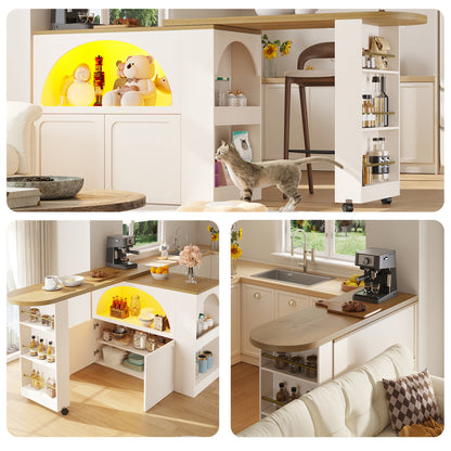 Ausziehbarer Bartisch 135-205cm mit LED & USB, Mobiler Hochtisch Weiß, Teleskop-Kücheninsel mit Stauraum & Soft-Close, Modernes Bogendesign