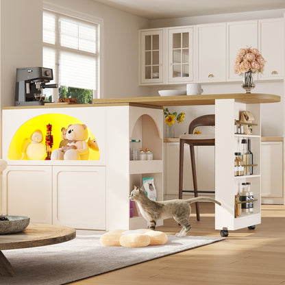 Ausziehbarer Bartisch 135-205cm mit LED & USB, Mobiler Hochtisch Weiß, Teleskop-Kücheninsel mit Stauraum & Soft-Close, Modernes Bogendesign