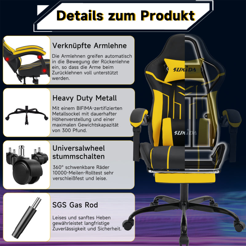 Gaming Stuhl Computerstuhl Ergonomischer Gaming Chair mit Fußstütze Bürostuhl Ergonomischer Computerstuhl mit Lendenwirbelstütze Blackyellow