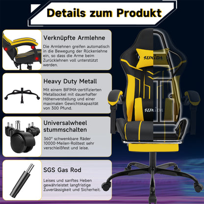 Gaming Stuhl Computerstuhl Ergonomischer Gaming Chair mit Fußstütze Bürostuhl Ergonomischer Computerstuhl mit Lendenwirbelstütze Blackyellow