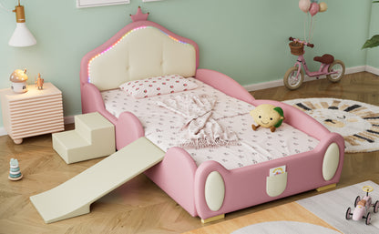 Polsterbett, Crown Cartoon Bett, Mit Multi-Mode-LED-Streifen, Kinderbett mit kleiner Rutsche und Treppe, mit schützenden weichen Kanten, mit Holzlatten, PU, Rosa + Beige, 90x200cm