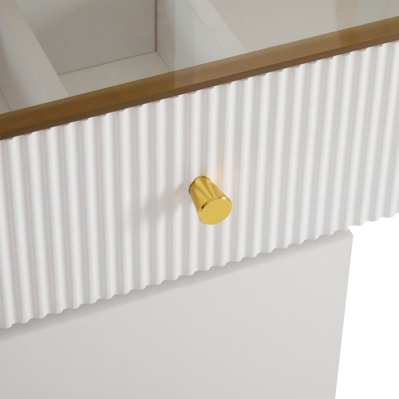 Schminktisch-Set mit LED-beleuchtetem Spiegel, transparenter Tischplatte aus gehärtetem Glas, Schminktisch-Seite und Schrank, elegante Möbel, weiß, Maße: 120 x 45 x 115 cm(ohne Hocker)