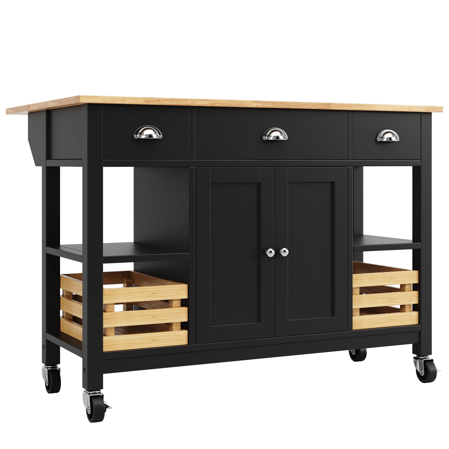 Moderne Kücheninsel Küchenschrank mit Kiefernkorb 120x45x90cm Multifunktions Esstisch Servierwagen Holzmaserung Aufbewahrungskorb Schwarz