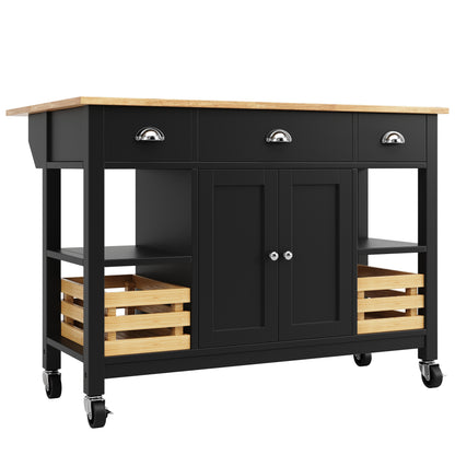 Moderne Kücheninsel Küchenschrank mit Kiefernkorb 120x45x90cm Multifunktions Esstisch Servierwagen Holzmaserung Aufbewahrungskorb Schwarz