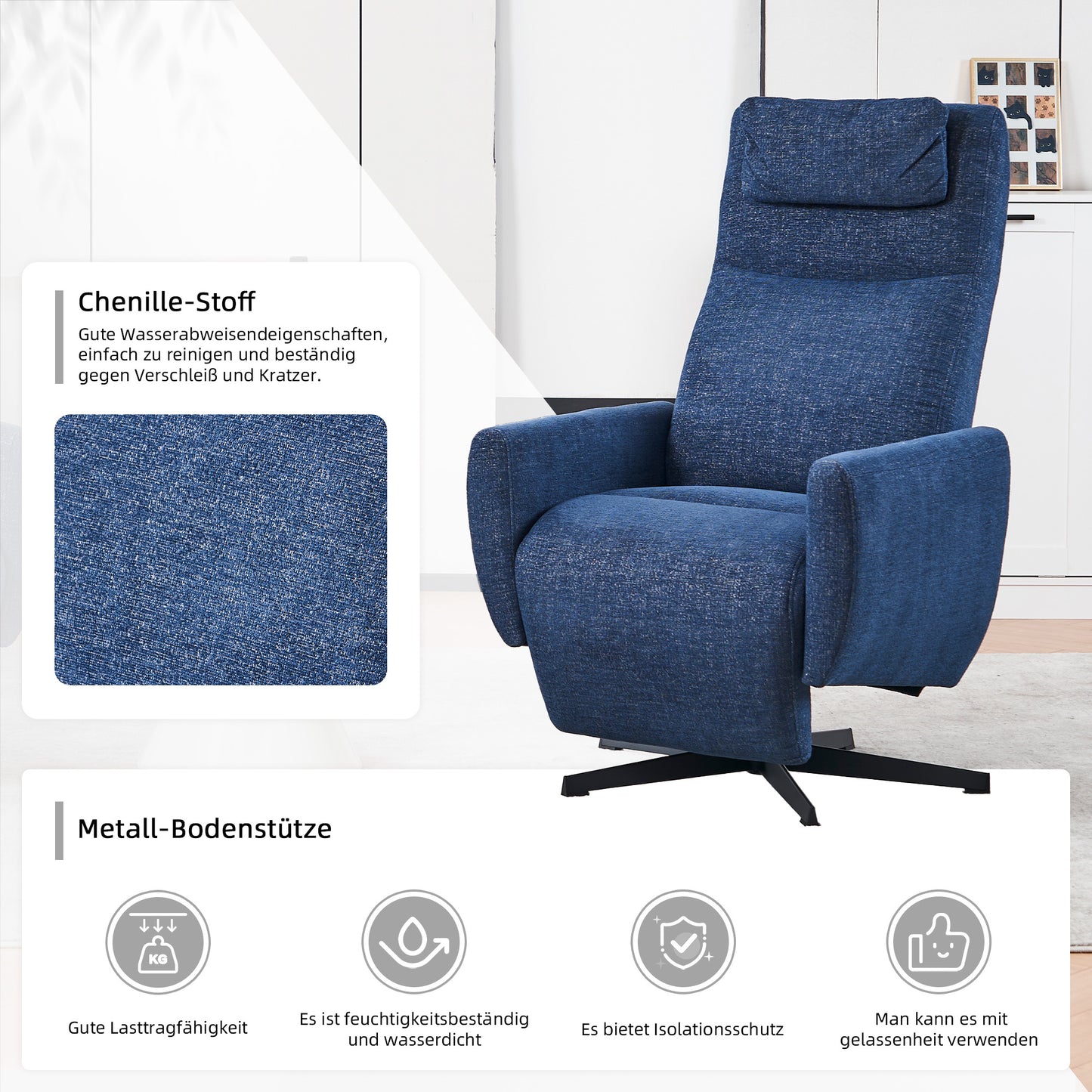 Bequemer Relaxsessel mit Liegefunktion – Chenille Fernsehsessel mit Fußstütze, drehbarer Stillsessel & Loungesessel für Wohnzimmer, modernes Sofa, Blau