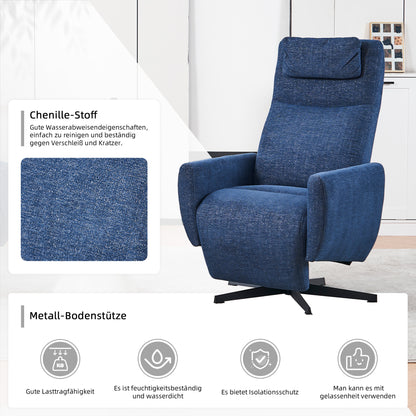Bequemer Relaxsessel mit Liegefunktion – Chenille Fernsehsessel mit Fußstütze, drehbarer Stillsessel & Loungesessel für Wohnzimmer, modernes Sofa, Blau