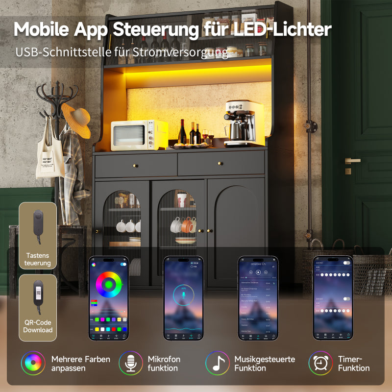 Küchenschrank, Esszimmerschrank mit 2 Schubladen, Sideboard mit LED-Beleuchtung, schwarz
