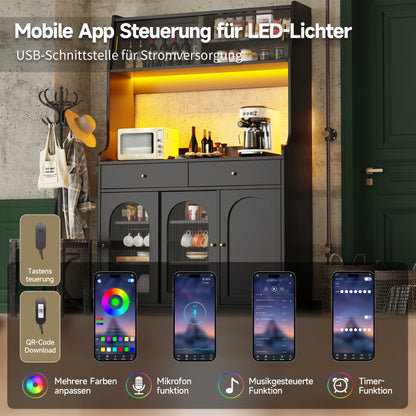 Küchenschrank, Esszimmerschrank mit 2 Schubladen, Sideboard mit LED-Beleuchtung, schwarz