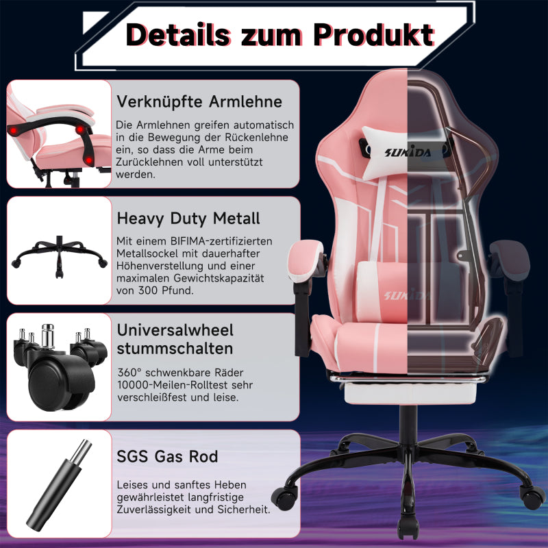 Gaming Stuhl Computerstuhl Ergonomischer Gaming Chair mit Fußstütze Bürostuhl Ergonomischer Computerstuhl mit Lendenwirbelstütze Pinkwhite