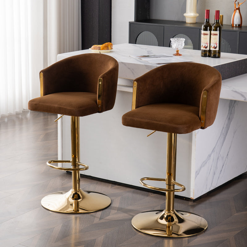 Moderner drehbarer höhenverstellbarer Barhocker, moderner Barhocker für Küche, Bar und Restaurant Theken, Hubhocker mit Rückenlehne und goldener Fußstütze (brown.Set of 2)